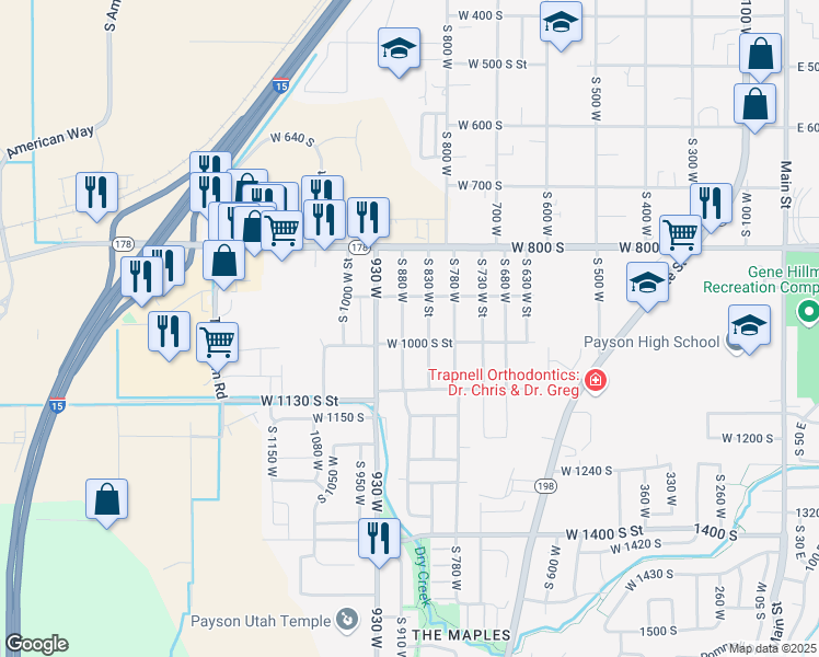 map of restaurants, bars, coffee shops, grocery stores, and more near 973 South 880 West in Payson