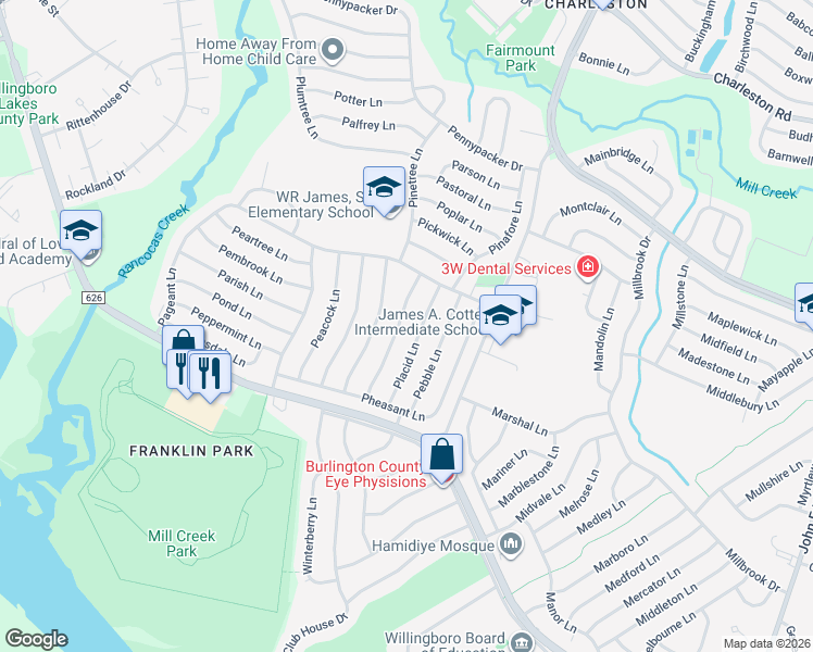 map of restaurants, bars, coffee shops, grocery stores, and more near 44 Pennant Lane in Willingboro