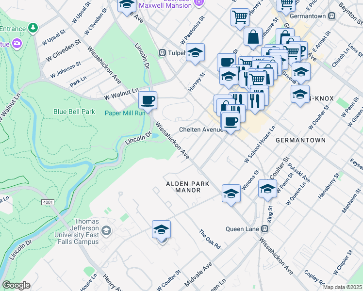 map of restaurants, bars, coffee shops, grocery stores, and more near 5825 Wissahickon Avenue in Philadelphia