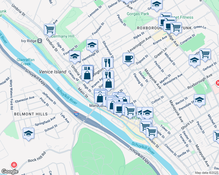 map of restaurants, bars, coffee shops, grocery stores, and more near 4519 Ritchie Street in Philadelphia