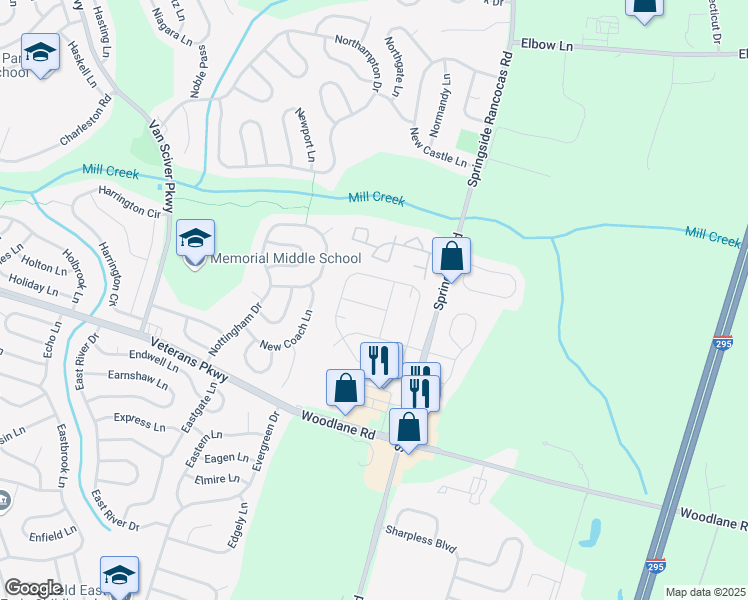 map of restaurants, bars, coffee shops, grocery stores, and more near 70 Oakcrest Lane in Westampton