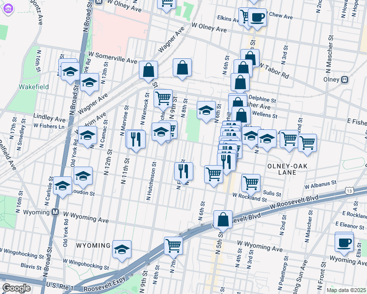 map of restaurants, bars, coffee shops, grocery stores, and more near 5044 North Franklin Street in Philadelphia