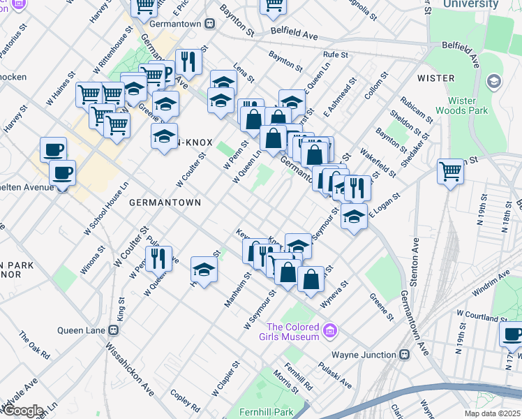 map of restaurants, bars, coffee shops, grocery stores, and more near 114R Hansberry Street in Philadelphia