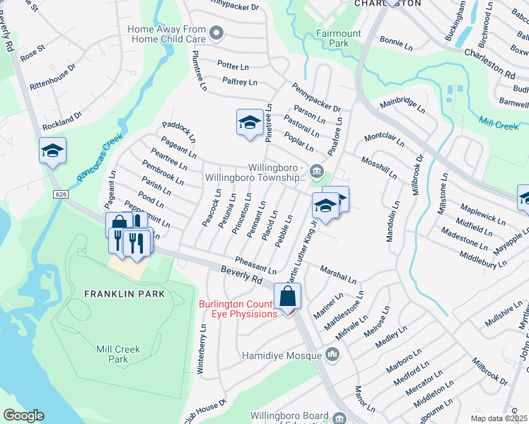 map of restaurants, bars, coffee shops, grocery stores, and more near 44 Pennant Lane in Willingboro