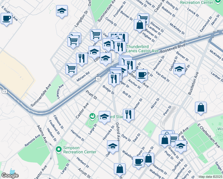 map of restaurants, bars, coffee shops, grocery stores, and more near 5304 Oxford Avenue in Philadelphia