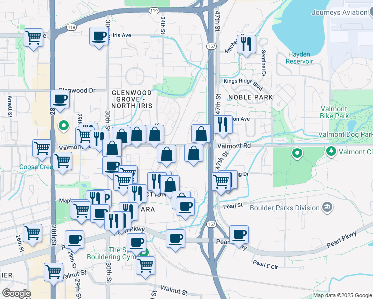 map of restaurants, bars, coffee shops, grocery stores, and more near 2990 Wilderness Place in Boulder