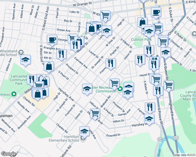 map of restaurants, bars, coffee shops, grocery stores, and more near 808 Fremont Street in Lancaster