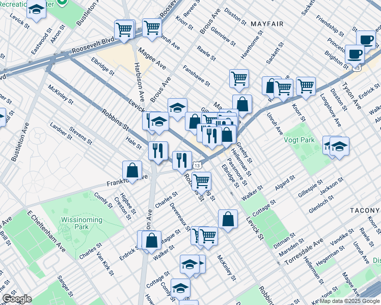 map of restaurants, bars, coffee shops, grocery stores, and more near 3137 Barnett Street in Philadelphia