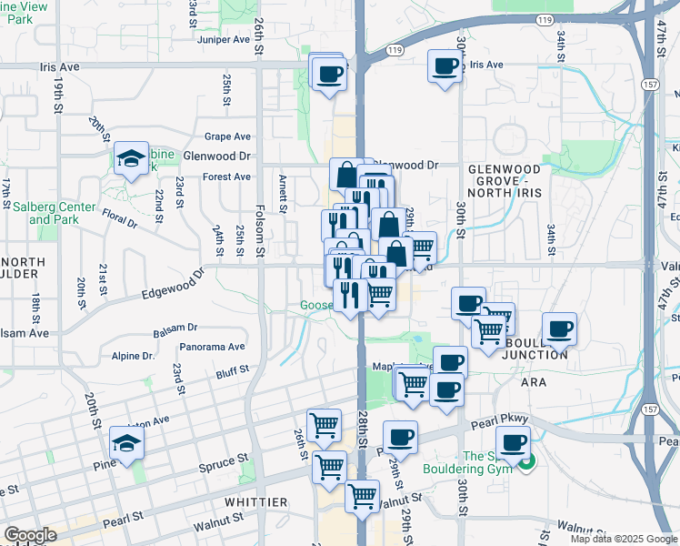 map of restaurants, bars, coffee shops, grocery stores, and more near 2790 Valmont Road in Boulder