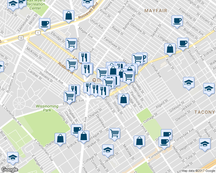 map of restaurants, bars, coffee shops, grocery stores, and more near 3137 Barnett Street in Philadelphia