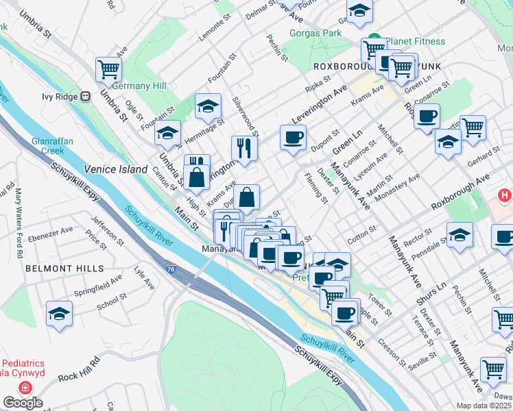 map of restaurants, bars, coffee shops, grocery stores, and more near 4511 Wilde Street in Philadelphia