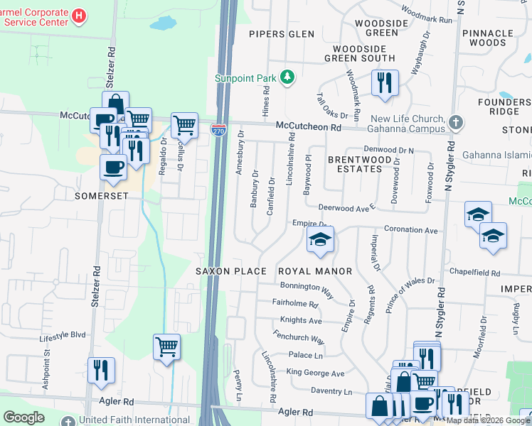 map of restaurants, bars, coffee shops, grocery stores, and more near 381 Canfield Drive in Gahanna