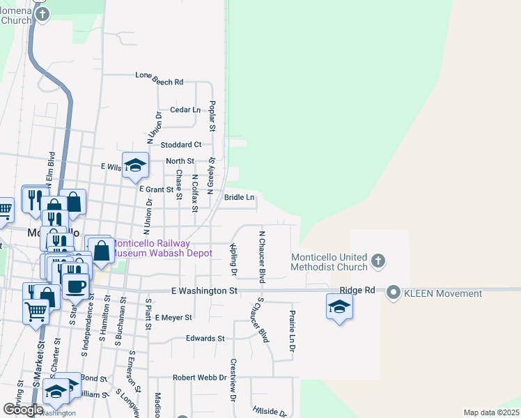 map of restaurants, bars, coffee shops, grocery stores, and more near 40 Carriage Drive in Monticello