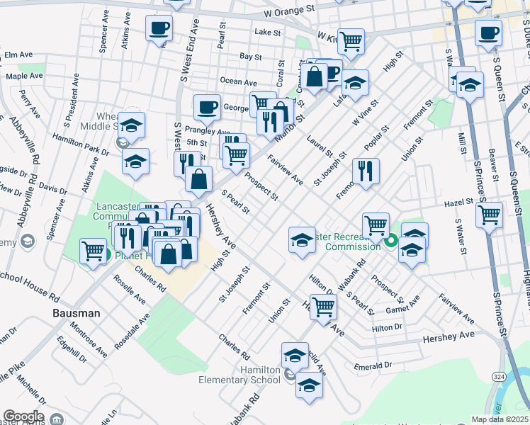 map of restaurants, bars, coffee shops, grocery stores, and more near 79 South Pearl Street in Lancaster