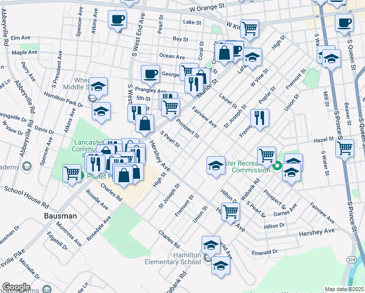 map of restaurants, bars, coffee shops, grocery stores, and more near 79 South Pearl Street in Lancaster