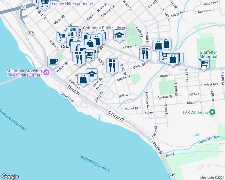 map of restaurants, bars, coffee shops, grocery stores, and more near 337 South 3rd Street in Columbia
