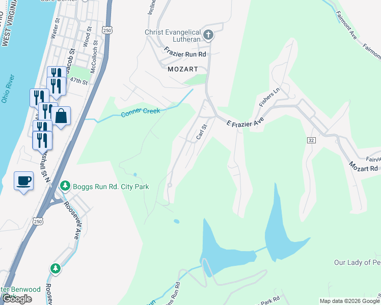 map of restaurants, bars, coffee shops, grocery stores, and more near 15 Ellen Avenue in Wheeling