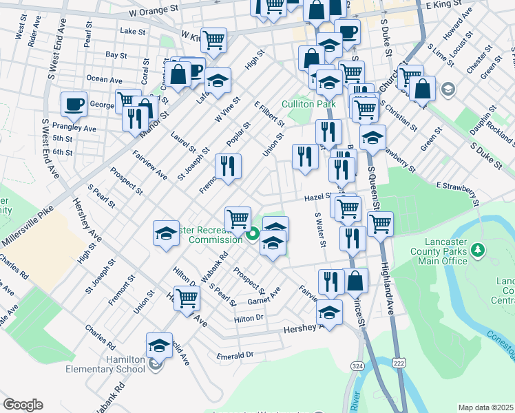 map of restaurants, bars, coffee shops, grocery stores, and more near 518 Laurel Street in Lancaster