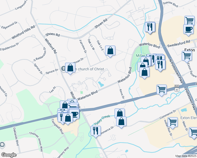 map of restaurants, bars, coffee shops, grocery stores, and more near 44 Atherton Drive in Exton