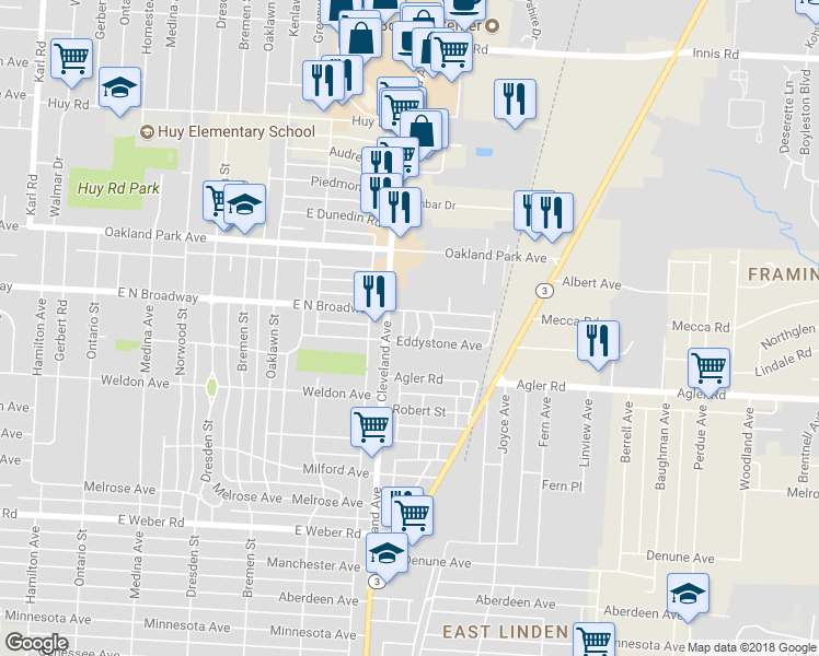 map of restaurants, bars, coffee shops, grocery stores, and more near 3002 Clevelawn Place in Columbus