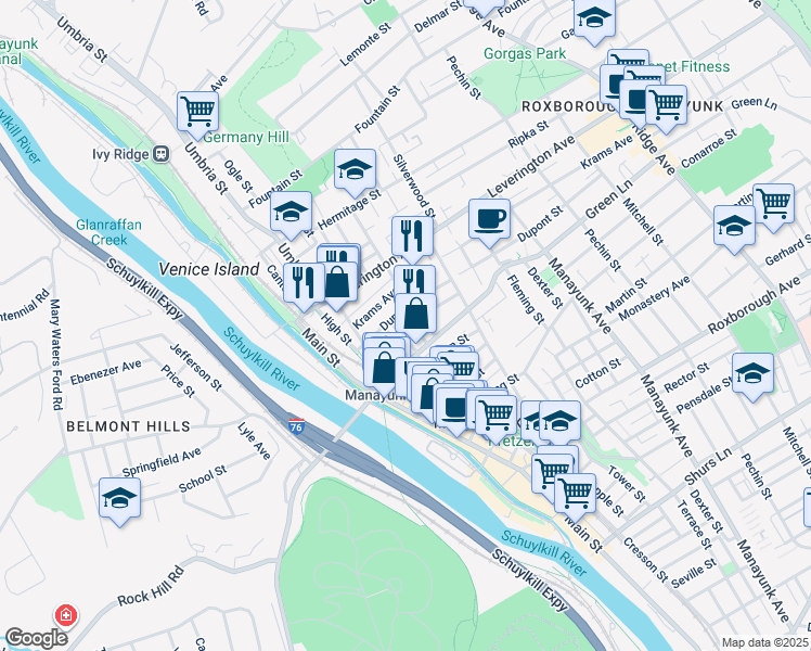 map of restaurants, bars, coffee shops, grocery stores, and more near 4532 Ritchie Street in Philadelphia