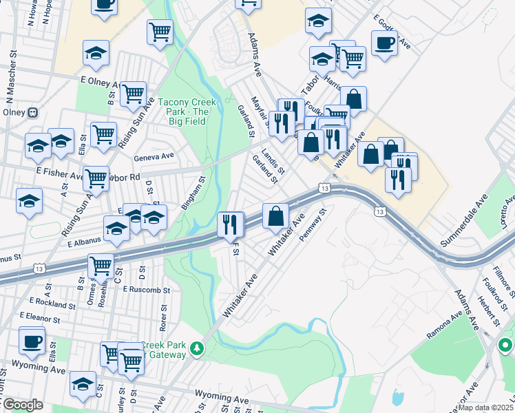 map of restaurants, bars, coffee shops, grocery stores, and more near 4050 East Roosevelt Boulevard in Philadelphia