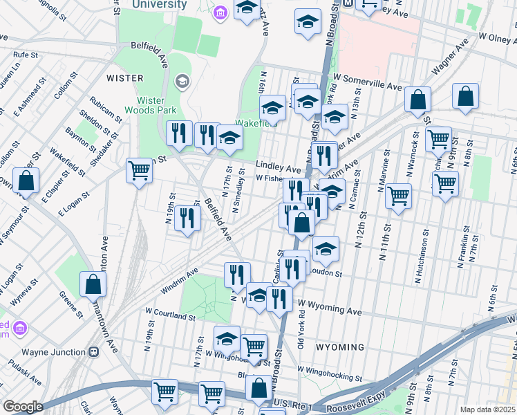map of restaurants, bars, coffee shops, grocery stores, and more near 13 North 16th Street in Philadelphia