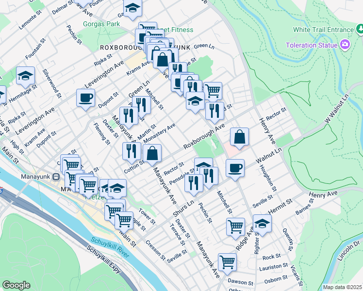 map of restaurants, bars, coffee shops, grocery stores, and more near 436 Roxborough Avenue in Philadelphia
