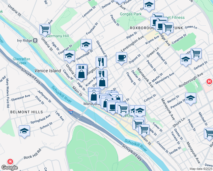 map of restaurants, bars, coffee shops, grocery stores, and more near 4511 Wilde Street in Philadelphia