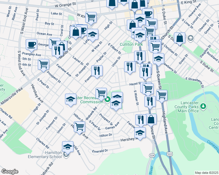 map of restaurants, bars, coffee shops, grocery stores, and more near 518 Laurel Street in Lancaster