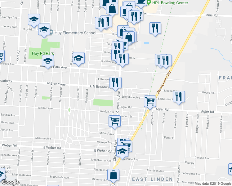 map of restaurants, bars, coffee shops, grocery stores, and more near 3009 Cleveland Avenue in Columbus