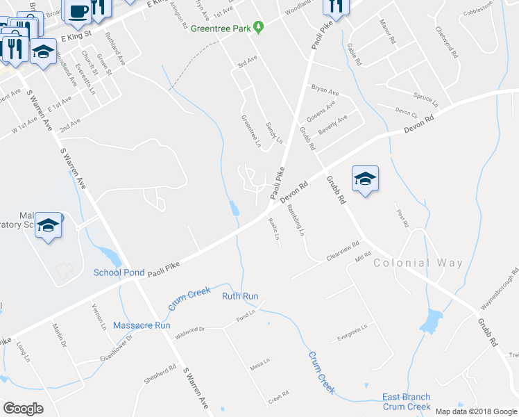 map of restaurants, bars, coffee shops, grocery stores, and more near 207 Archer Court in Malvern
