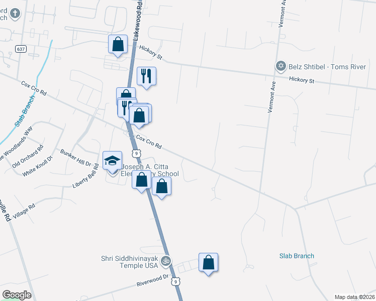 map of restaurants, bars, coffee shops, grocery stores, and more near 1094 Cox Cro Road in Toms River