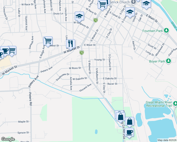 map of restaurants, bars, coffee shops, grocery stores, and more near 1017 South Walnut Street in Troy