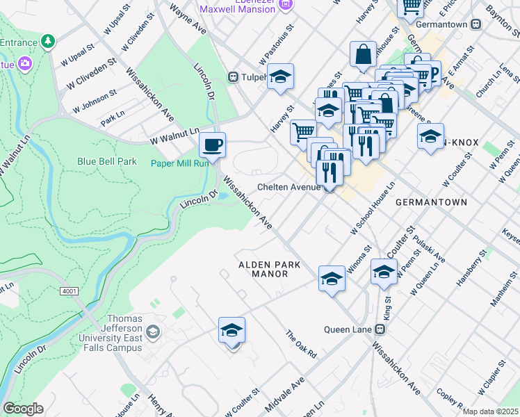 map of restaurants, bars, coffee shops, grocery stores, and more near 5825 Wissahickon Avenue in Philadelphia