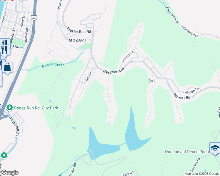 map of restaurants, bars, coffee shops, grocery stores, and more near 28 Schuberts Lane in Wheeling