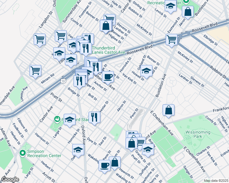 map of restaurants, bars, coffee shops, grocery stores, and more near 1528 East Cheltenham Avenue in Philadelphia