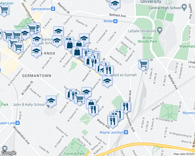 map of restaurants, bars, coffee shops, grocery stores, and more near 5013 Portico Street in Philadelphia