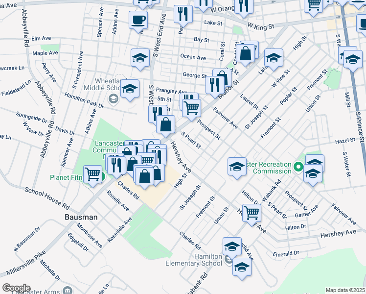 map of restaurants, bars, coffee shops, grocery stores, and more near 39 Hershey Avenue in Lancaster