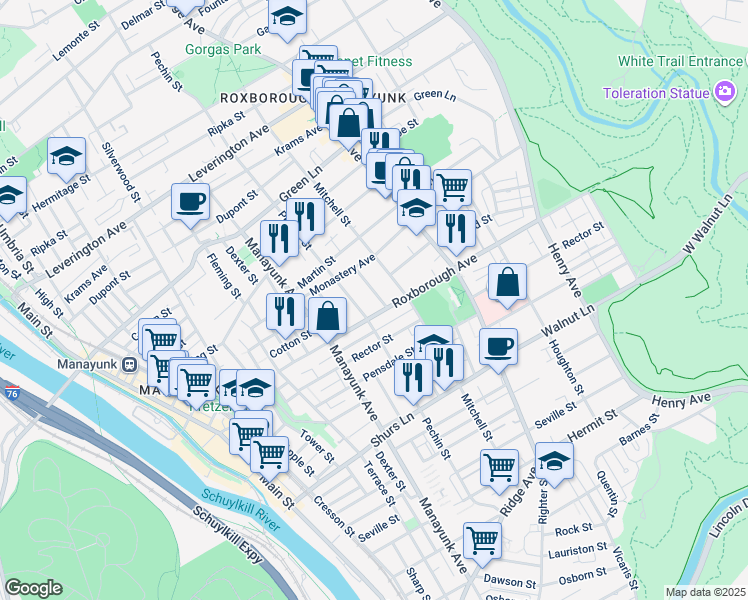 map of restaurants, bars, coffee shops, grocery stores, and more near 4314 Freeland Avenue in Philadelphia