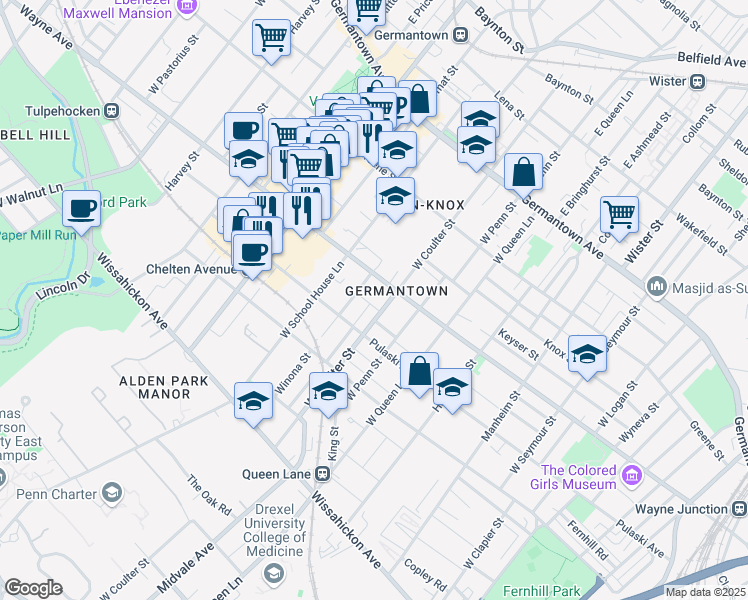 map of restaurants, bars, coffee shops, grocery stores, and more near 5413 Tacoma Street in Philadelphia