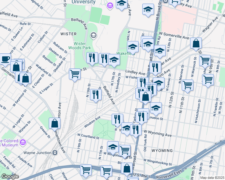 map of restaurants, bars, coffee shops, grocery stores, and more near 4931 North 17th Street in Philadelphia