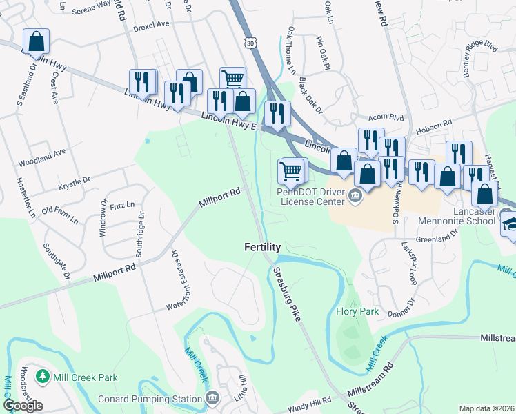map of restaurants, bars, coffee shops, grocery stores, and more near 59 Strasburg Pike in Lancaster