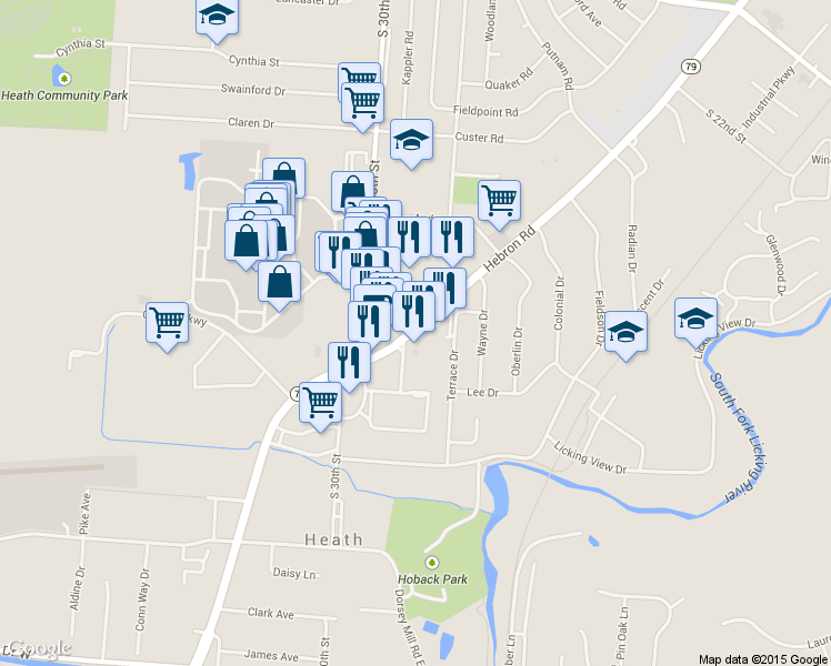map of restaurants, bars, coffee shops, grocery stores, and more near 846 Hebron Rd in Heath