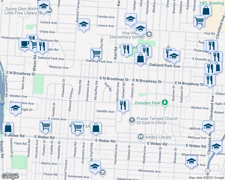 map of restaurants, bars, coffee shops, grocery stores, and more near 3078 Karl Road in Columbus