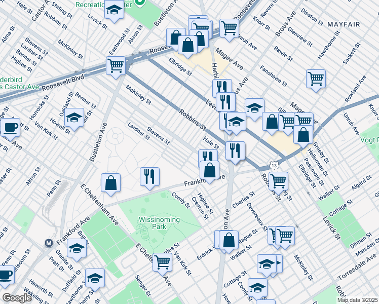 map of restaurants, bars, coffee shops, grocery stores, and more near 2850 Devereaux Avenue in Philadelphia