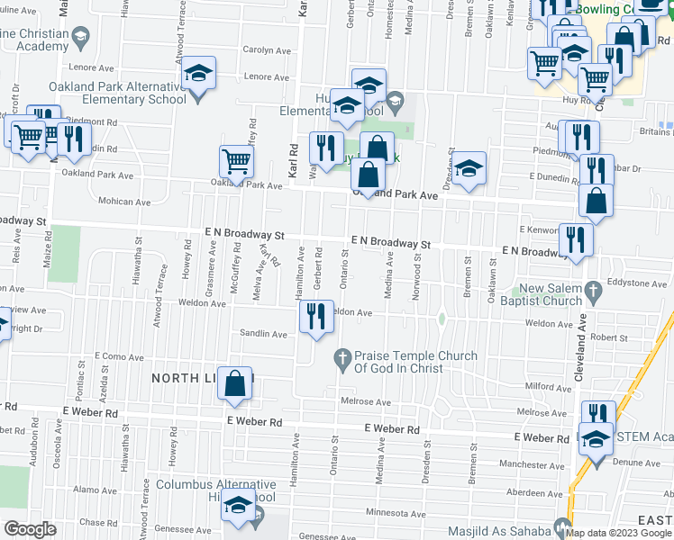 map of restaurants, bars, coffee shops, grocery stores, and more near 3063 Ontario Street in Columbus