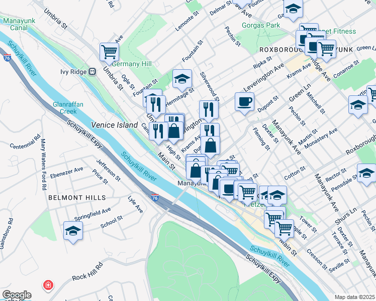 map of restaurants, bars, coffee shops, grocery stores, and more near 141 Krams Avenue in Philadelphia