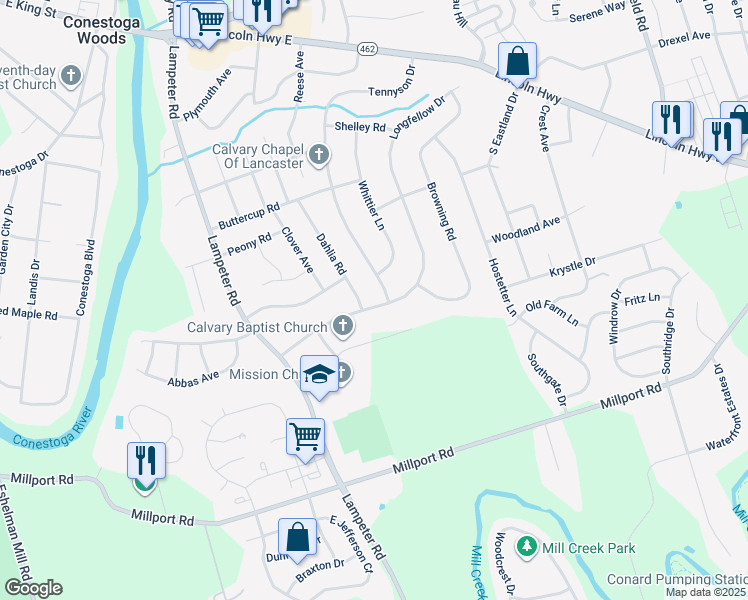 map of restaurants, bars, coffee shops, grocery stores, and more near 446 Longfellow Drive in Lancaster