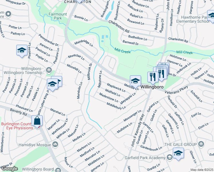 map of restaurants, bars, coffee shops, grocery stores, and more near 16 Maplewick Lane in Willingboro